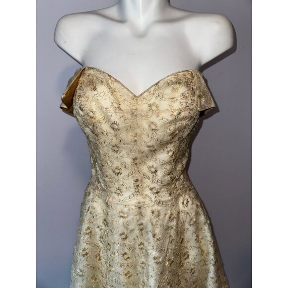 Vtg 50s Perullo David Hart Gold Floral Embroidered Strapless Dress Party Size S - Picture 4 of 8